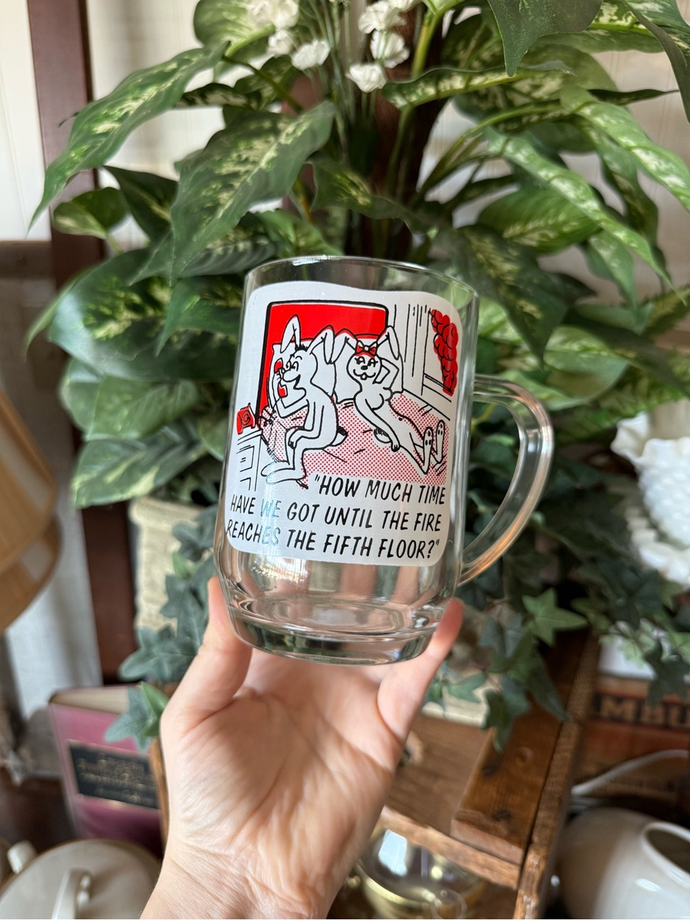 Vtg Clear Glass Comic Mug in Red and Black